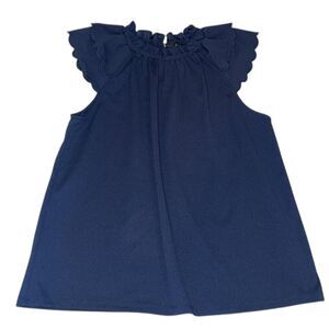 Ann Taylor Navy blue ruffle top with scalloped neckline and sleeves